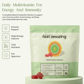 Feel Amazing Multivitamin Gummies – 12 Vitamins & Minerals with Vitamin C, D, B12, Zinc & Biotin – Immune Support, Energy & Wellbeing – Strawberry Flavoured 60 Gummies – 2 Month Supply