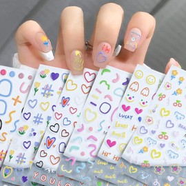 6 Sheets Color Line Embossed Nail Art Sticker Decal 5D Self-Adhesive Cute Color Graffiti Symbol Flowers Love Heart Nail Art Design Sticker Supplies for Women Girls Manicure Art Decoration 931-3