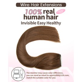 AGMITY Wire Hair Extensions Human Hair Medium Brown 20 Inch Thick Straight Fishing Line Layered Natural Hairpiece Remy Hair Extensions Real Human Hair(20 Inch #4 Medium Brown)