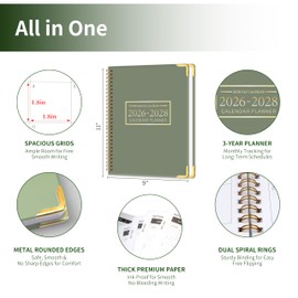 Monthly Planner 2026-2028, Hardcover 3 year calendar 2026-2027-2028 Calendar Book from Jan 2026 - Dec 2028, 9“ x 11”, Spiral Bound,Organizer for Office, School, and Home,Green