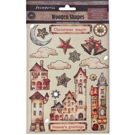 Stamperia - Coloured Wooden Shapes for Scrapbooks, Albums, Bullet Journals and More, Laser Cut, Printed for Enhanced Detail, Perfect for Crafts and Gifting (Gear up for Christmas, Cosy Houses) (A5)