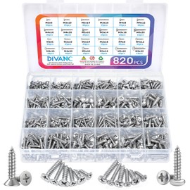 M3 M4 M5 M6 Wood Screws Assortment Set,304 Stainless Steel Assorted Self Tapping Screws Kit Truss Flat Pan Head Phillips Drive Drilling for Deck Drywall Concrete Sheet Metal (Flat & Pan Head 820PCS)