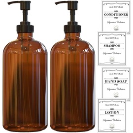 Sunrise Premium, 16 OZ Thick Amber Glass Soap Dispenser with Plastic Pump 2 Pack, Hand and Dish Soap Dispenser Set for Bathroom with 6 Waterproof Labels