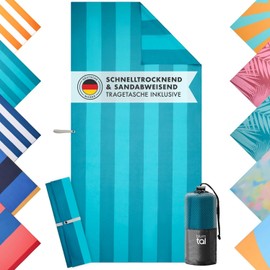 Blumtal Strandhandtuch 90x180 cm aus Mikrofaser - kompaktes und schnelltrocknendes Handtuch/Strandtuch XXL - Stranddecke sandfrei mit Band - Badetücher - Mikrofaser Badetuch groß in Türkis gestreift