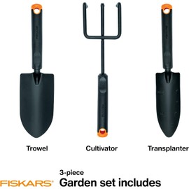 Fiskars - Juego de herramientas de jardín de 3 piezas, paleta, trasplantador, cultivador, cabezales de acero resistentes al óxido, asas ergonómicas para plantar, excavar y airear el piso