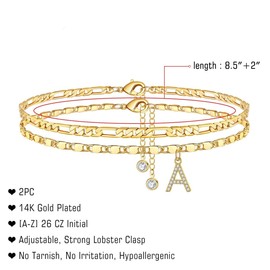 TINGN Anklet for Women, 14K Gold Plated/Silebr CZ Letter Anklets for Women, Anklets Adjustable Double Anklets, Sturdy Figaro Chain Anklet Wife Girls Daughter Girlfriend Gift, Brass
