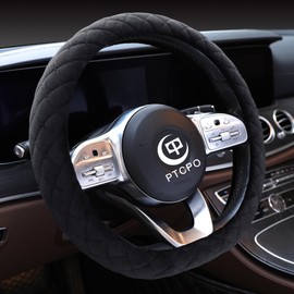 PTCPO Soft Car Steering Wheel Cover for Sedan, SUV, Warm Luxury Velvet, Odorless, Universal, Anti Slip, Summer Winter, Black, D Shape(Flat Bottom)