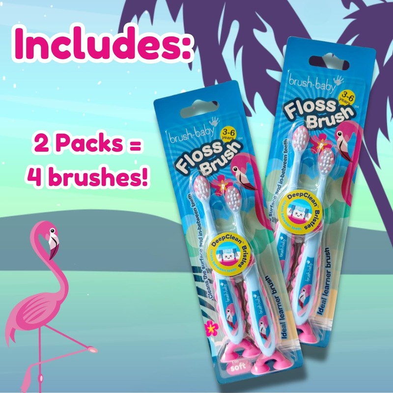 Brush-Baby Flamingo FlossBrush™ Bristles Toothbrushes 3-6 Years - Pack of