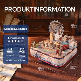 Tonecheer Music Box Wooden 4D Puzzle, London DIY Model Kit for Adults, Rotating Music Box, Wooden Puzzle for Home Decoration Gifts for Birthday Christmas
