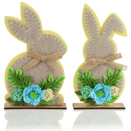 com-four® 2x decorative display Easter bunny with flowers - Easter decoration to put down - Easter decoration made of felt with a wooden base (2 pieces - colorful 25cm)
