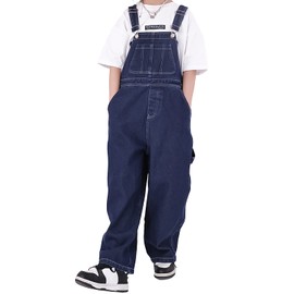 Rolanko Girls Jeans Bib Overalls, Baggy Denim Dungarees Jumpsuit for Big Kids, Dark Blue Pocket, Tag Size:140