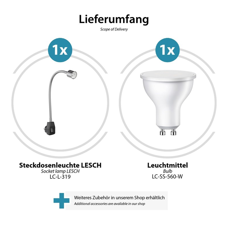ledscom.de LESCH 2 Piece Socket Lamp Reading Lamp Gooseneck Switch