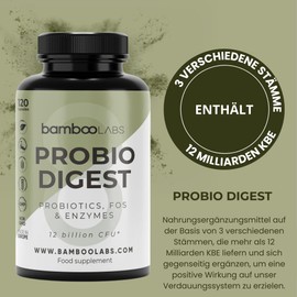 Bamboo Labs - Probiotics and intestinal prebiotics 120 capsules, 3 strains with more than 12 billion CFU + complex powerful digestive enzymes, promotes digestive and intestinal systems