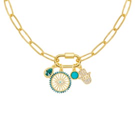 Milla 14K Gold Charm Necklace for Women, 18 inches Paperclip Chain and 2 inches Extension, with Pendants on Carabiner. Safe and Hypoallergenic (Evil Eye - Hamsa - Turquoise)
