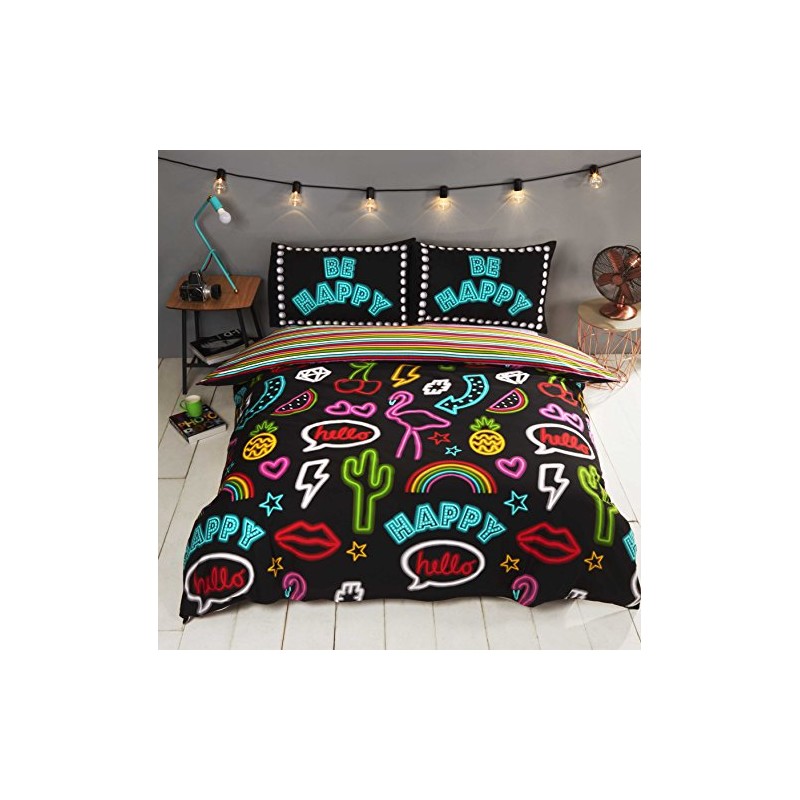 Rapport Funky Neon Reversible Striped Duvet Cover Bed Set, Polycotton,