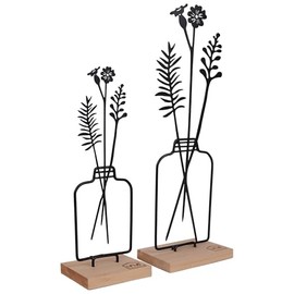 UNUS Stand Flower Vase, Set of 2, 23.5 cm and 31.5 cm High, Metal Stand with Bamboo Base, in Black, Spring Decoration for Window, Table or Shelf