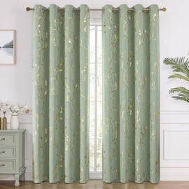 BUHUA Blackout Curtains Gold Foil Print Flower Vine Grommet Drapes, Room Darkening Thermal Insulated Curtains, Noise Reducing Curtain for Bedroom, Sage Green, 52Wx72L, 2 Panels