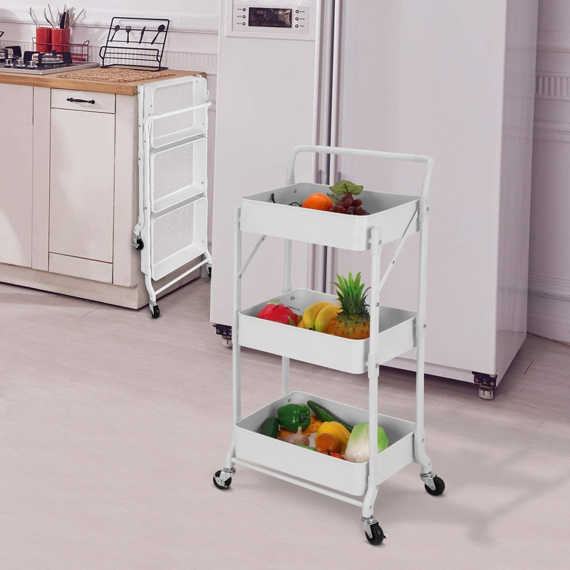 johgee Foldable 3 Tier Metal Utility Rolling Cart, Folding Mobile