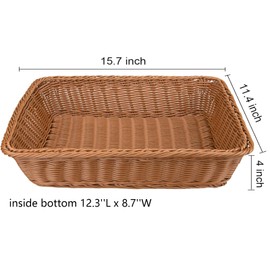 Yarlung 2 Pack Poly Wicker Woven Bread Basket, 15.7 Inch Rectangular Fruit Baskets Food Serving Holders for Vegetables, Home, Kitchen, Restaurant, Outdoor, Imitation Rattan Brown