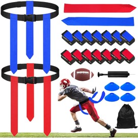 Flag Football Belts Set, 14 Player Adjustable Flags with 42 Flags.Training Cones, Football for Kids Youth Adults. (14pcs(7Blue+7Red))