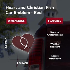 Chrome Metal Christian Jesus Fish and Heart Car/Auto/Truck 3D Emblem Badge Decal - Universal Fit (Red)