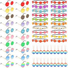 TUPARKA 60PCS Hippie Glasses Headband Costume Accessory Set Includes Multicolor Daisy Flower Headbands， Round Hippie Sunglasses and Peace Sign Necklaces for Hippie Party Supplies for Festival Party