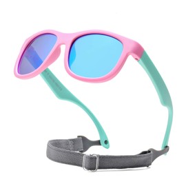 COASION Flexible Polarized Baby Sunglasses with Strap Adjustable for Toddler Newborn Infant 0-24 Months (Pink-Green/Blue Mirror)