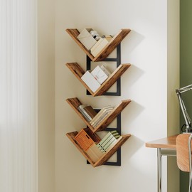 HOOBRO Floating Shelves for Wall, Set of 2 Wall Mounted Shelf, 2-Tier Wooden Hanging Shelves Storage Racks, Tree Bookshelves, for Living Room, Bedroom, Office, Rustic Brown and Black BF55BJP201