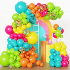 Tropical Balloons Arch kit, 129Pcs Hawaiian Summer Party Balloons Different Size with Hot Pink Green Orange Yellow Teal Blue for Tropical Hawaiian Party Decorations
