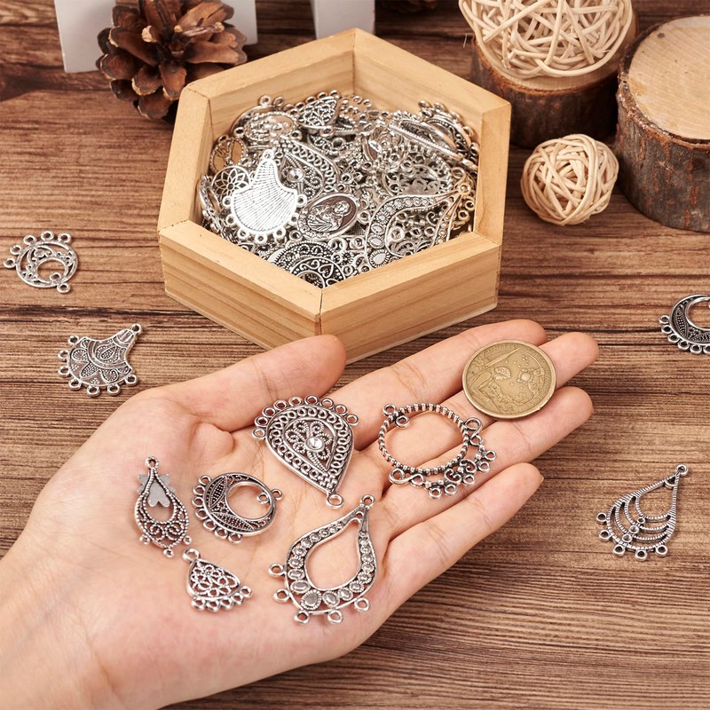 PandaHall 96pcs Chandelier Component Links Charms Pendant Antique Silver Multi