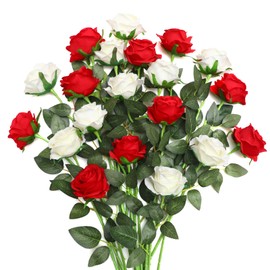 JUSTOYOU 20 PCS Rose Artificial Flower,Double Colour Silk Blooming Rose with Stem,Artificial Rose Bouquet Realistic Flower for Home Table Office Party Wedding Garden Arrangements(red and white)