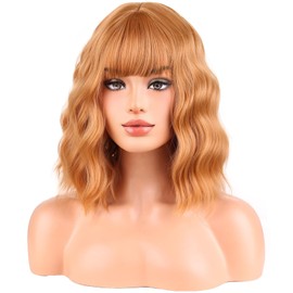 BERON Women Strawberry Blonde Short Curly Wave Wig with Bangs Girls' Blond Shoulder Length Heat Resistant Synthetic Wigs for Party Cosplay and Daily