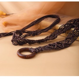 Brown Braided Waist Belt with Tassel for Women Bohemian Waistband Beaded Crochet Woven Waist Belts for Dress String Rope Waist Belly Chain Braid Belt with Ring Decorative Dress Accessories