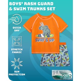 Quad Seven Toddler Baby Boys Swim Set - 4 Piece Swim Trunks and Short Sleeve Rash Guard for Boys Kids Swimwear (Sizes: 12M-7), Size 3T, Blue Whales/Orange Dino