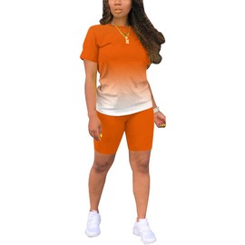 PINSV Women's 2 Piece Outfits Summer Printing Bodycon Short Pants Workout Sets Gradient Orange S
