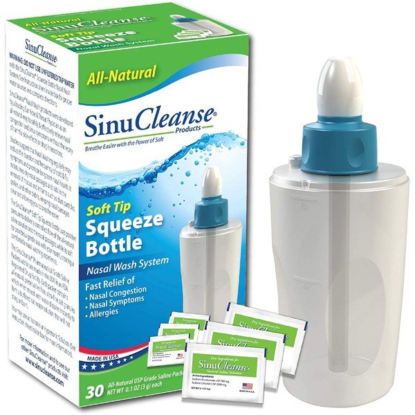 SinuCleanse Soft Tip Squeeze Bottle Nasal Wash System - Includes 30 All-Natural, Pre-Mixed Buffered Saline Packets - Relieves Nasal Symptoms and Congestion due to Cold & Flu, Dry Air or Allergies