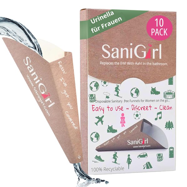 SaniGirl Urinella for Women | Pee Aid for Women | Woman Standing Peeing Funnel Disposable | Urination Aid Women | Hiking Accessories Travel Gadgets Women Festival Camping Toilets (Pack of 10)