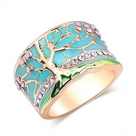 Hokygoky Women Tree of Life Lucky Flower Wide Band Ring Gold Pink Opal Green Enamel Resin Plated Dainty Tree Rhinestone Statement Thumb Index Full Finger Chunky Ring Party Crystal Vintage Jewelry, 锌,