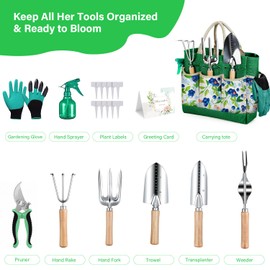 Gardening Tools Set, 11-Piece Heavy Duty Rust-Proof Garden Supplies with Ergonomic Handles & Durable Tote Organizer, Essential Perfect Gardening Gifts for Women and Beginner, Green