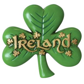 Antique Magnet Of Large Shamrock And Gold Ireland Text And Small Shamrock Design