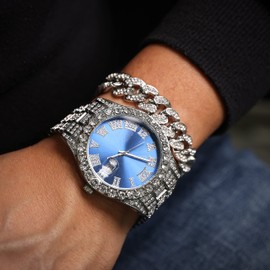 Halukakah Diamonds Gold Watch Iced Out,Men's Platinum White Gold Plated 42MM Width Blue Dial Quartz Wristband 9.5" with Cuban Link Chain 8" Bracelet Set,Free Giftbox