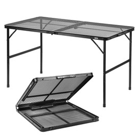 UNIFER Folding Grill Table: 4x2 Ft Portable Camping Table, Lightweight Height Adjustable Metal Table with Mesh Desktop and Carrying Handle, Outdoor Table for Camping, Picnic, Beach and BBQ