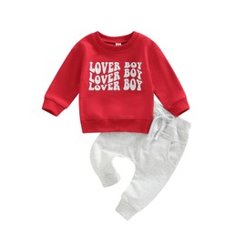 Engofs Toddler Baby Boy Girl Valentine's Day Outfit Letter Print Crewneck Sweatshirt Hearts Pants My First Valentines Baby Clothes Set Red 2-3T