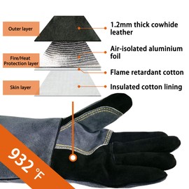 WZQH 14 Inches,932℉,Leather Welding Gloves medium, Heat/Fire Resistant,Medium Mitts for BBQ,Oven,Grill,Fireplace,Tig,Mig,Forge,Baking,Furnace,Stove,Pot Holder,Animal Handling Glove.M Black-gray