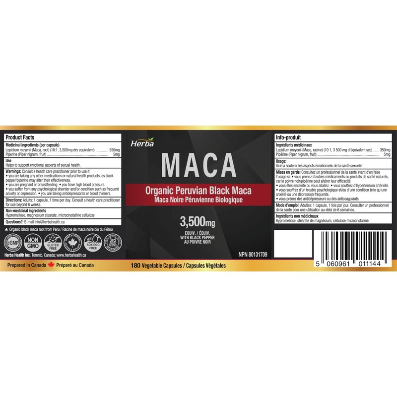 Herba Organic Black Maca Root for Men 3500mg – 180