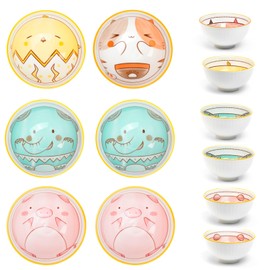 Ceramic Bowl Set, 4.5 Inch Animal Design Porcelain Dinnerware for Rice, Soup, Salad, Japanese-Style Stackable Bowls, Dishwasher & Microwave Safe (Set of 6)