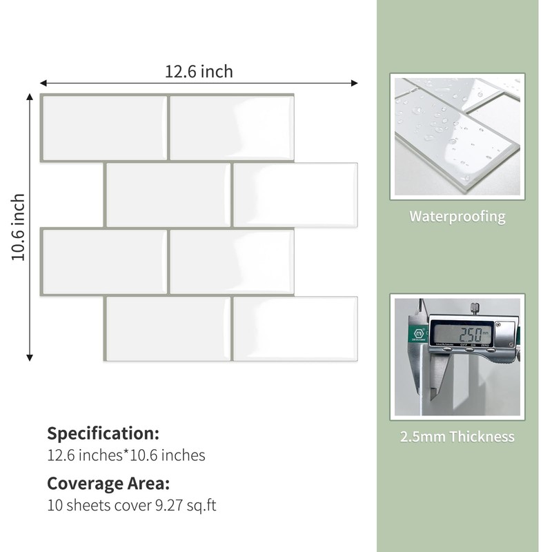 10-Sheet Thick Peel and Stick Kitchen Backsplash Tiles,3D Subway Waterproof