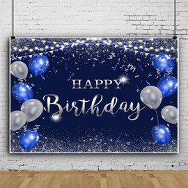 12x8ft Blue Birthday Backdrop Blue and Silver Balloons Glitter Happy Birthday Photography Background for Men Women 30th 50th 60th Birthday Backdrop Party Decorations Banner Studio Photo Booth Props