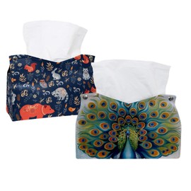 2 Pack Tissue Box Cover Holder, Painting in Bloom Drawing Peacock Rectangle Leather Tissue Case, Decorative Organizer for Tabletop, Bathroom, Car, Office