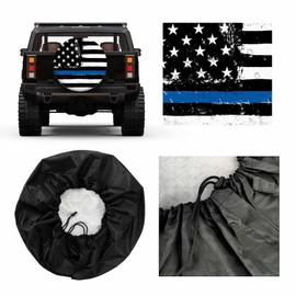 MIYASANG American Flag Tire Covers for Trailers Vintage Black Blue Thin Line Police Patriotism Glory RV Spare Tire Cover Weatherproof Universal Wheel Protectors Fit Camper Travel (17 inch)